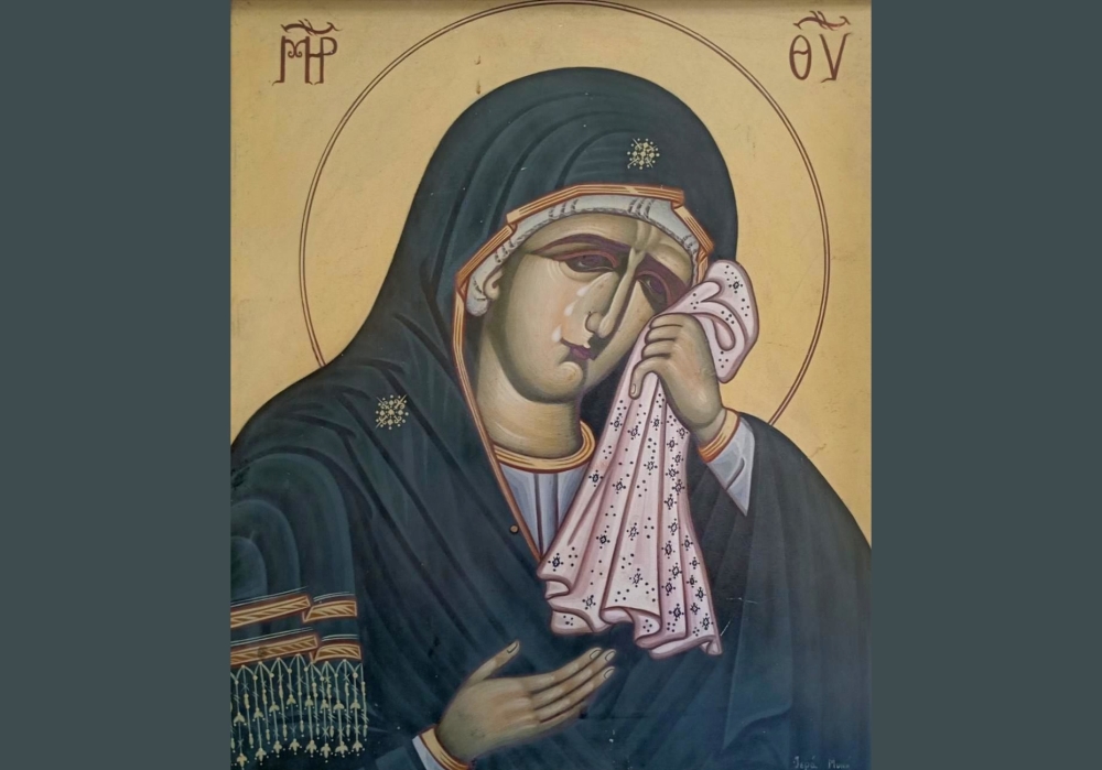 &Tau;&eta;&nu; &Pi;&alpha;&nu;&alpha;&gamma;ί&alpha; &Delta;&alpha;&kappa;&rho;&upsilon;&rho;&rho;&omicron;&omicron;ύ&sigma;&alpha; &epsilon;&omicron;&rho;&tau;ά&zeta;&epsilon;&iota; &eta; &Epsilon;&nu;&omicron;&rho;ί&alpha; &Kappa;&omicron;&kappa;&kappa;&iota;&nu;ό&rho;&rho;&alpha;&chi;&eta;&sigmaf;