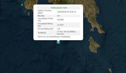 Σεισμός 4 Ρίχτερ ανοιχτά της Λακωνίας