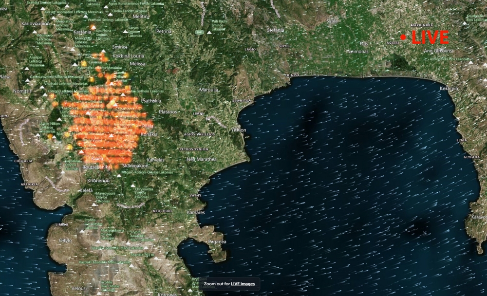 Η μεγάλη πυρκαγιά στη Μάνη ζωντανά από δορυφόρο